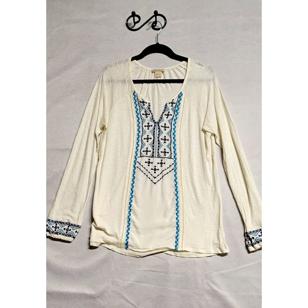 Lucky Brand White Embroidered Geometric V-Neck LS Pullover Blouse Size L